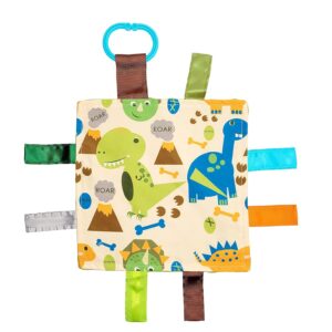 Baby Sensory Crinkle & Teething Square Lovey Toy with Closed Ribbon Tags for Increased Stimulation: 8"X8" (Dinosaurs)