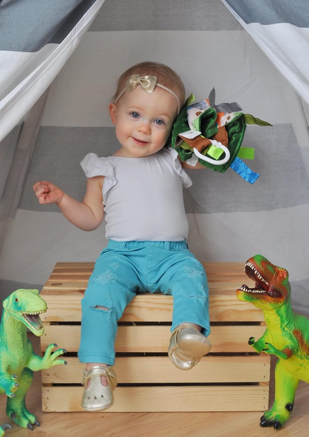 Baby Sensory Crinkle & Teething Square Lovey Toy with Closed Ribbon Tags for Increased Stimulation: 8"X8" (Dinosaurs) - Image 2