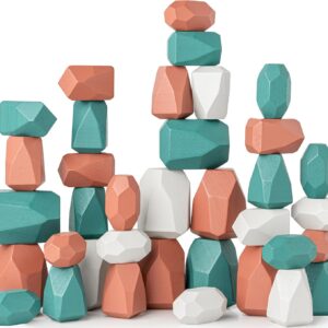 Comfy Cubs Stacking Rocks 36 Pieces, 36 Months+, Educational Toddler Stacking Blocks, Promotes Imagination, Balance & Fine Motor Skills - Wooden Rocks Sensory Toys Gift for Kid, Dino Pack