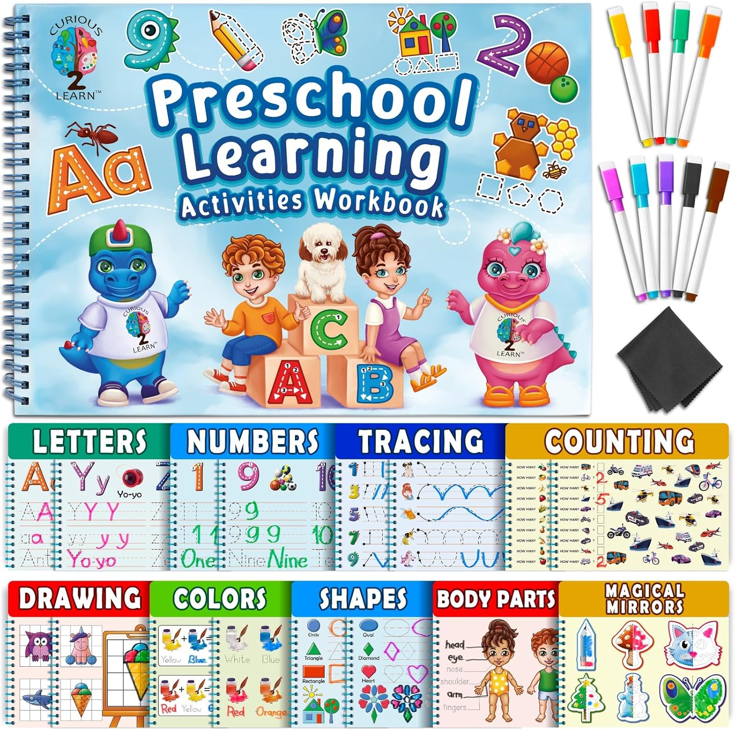 Curious 2 Learn Toddler Preschool Learning Activities | Handwriting Practice for Kids | Workbook Learning Resources| Tracing Kindergarten Workbooks | Busy Book | 4 Year Old Boy Birthday Gift | Blue