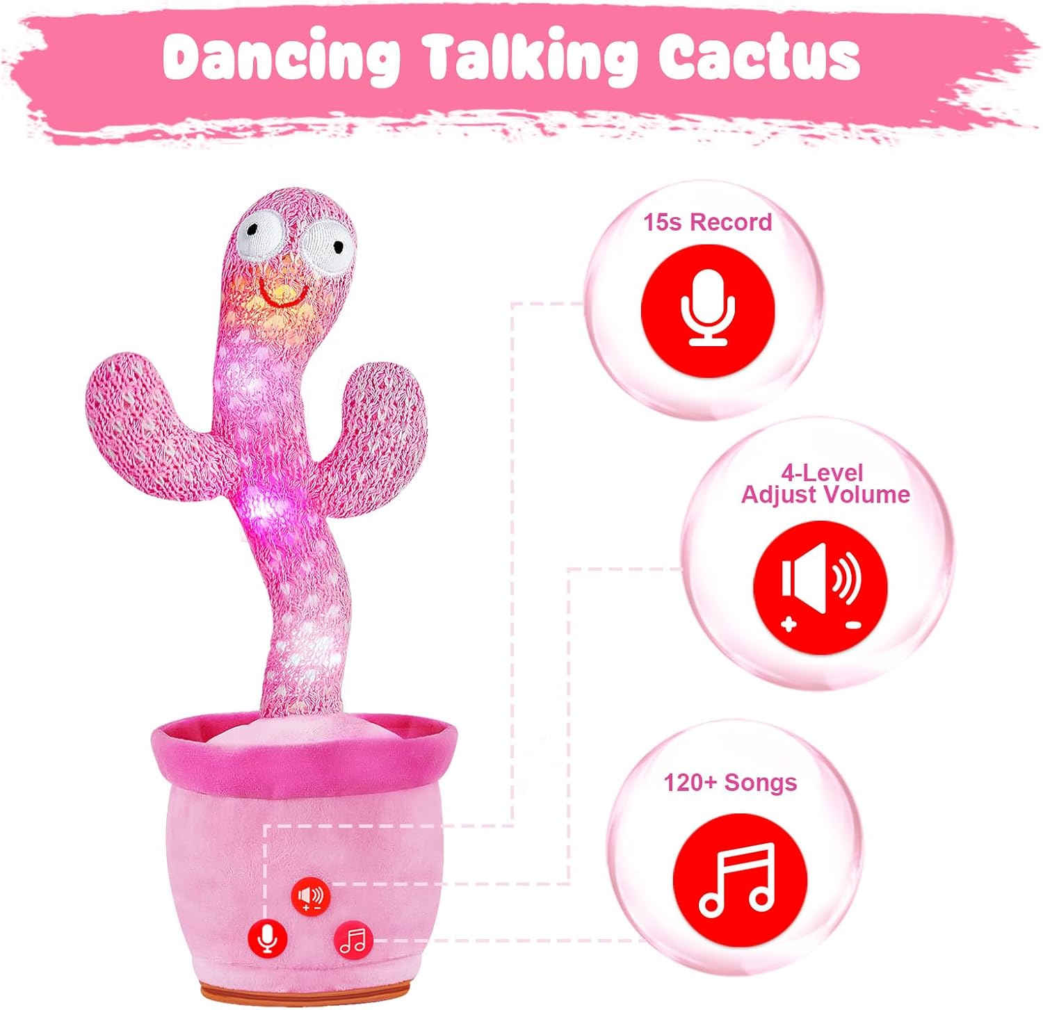 Dancing Talking Cactus Toy for Baby Toddler, Volume Adjustable, Mimicking, Recording, Singing English Songs, Tummy Time Toys –Baby Toys Girls Gifts - Image 5