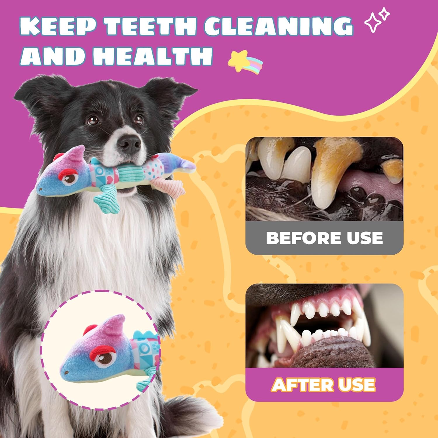 DSUMD Squeaky Dog Toys Stuffed Tear-Resistant Plush Chameleon Pet Toy Eliminates Boredom for Small Medium Breed, for Chewing and Playing Tug of War (Purple) - Image 4