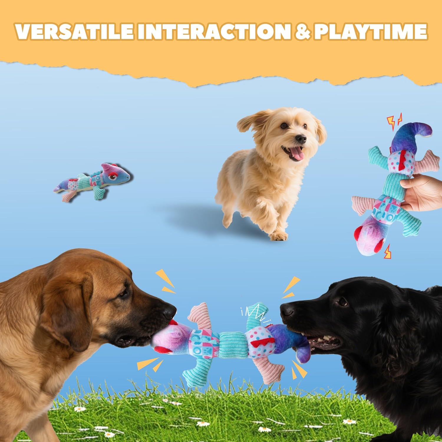 DSUMD Squeaky Dog Toys Stuffed Tear-Resistant Plush Chameleon Pet Toy Eliminates Boredom for Small Medium Breed, for Chewing and Playing Tug of War (Purple) - Image 6