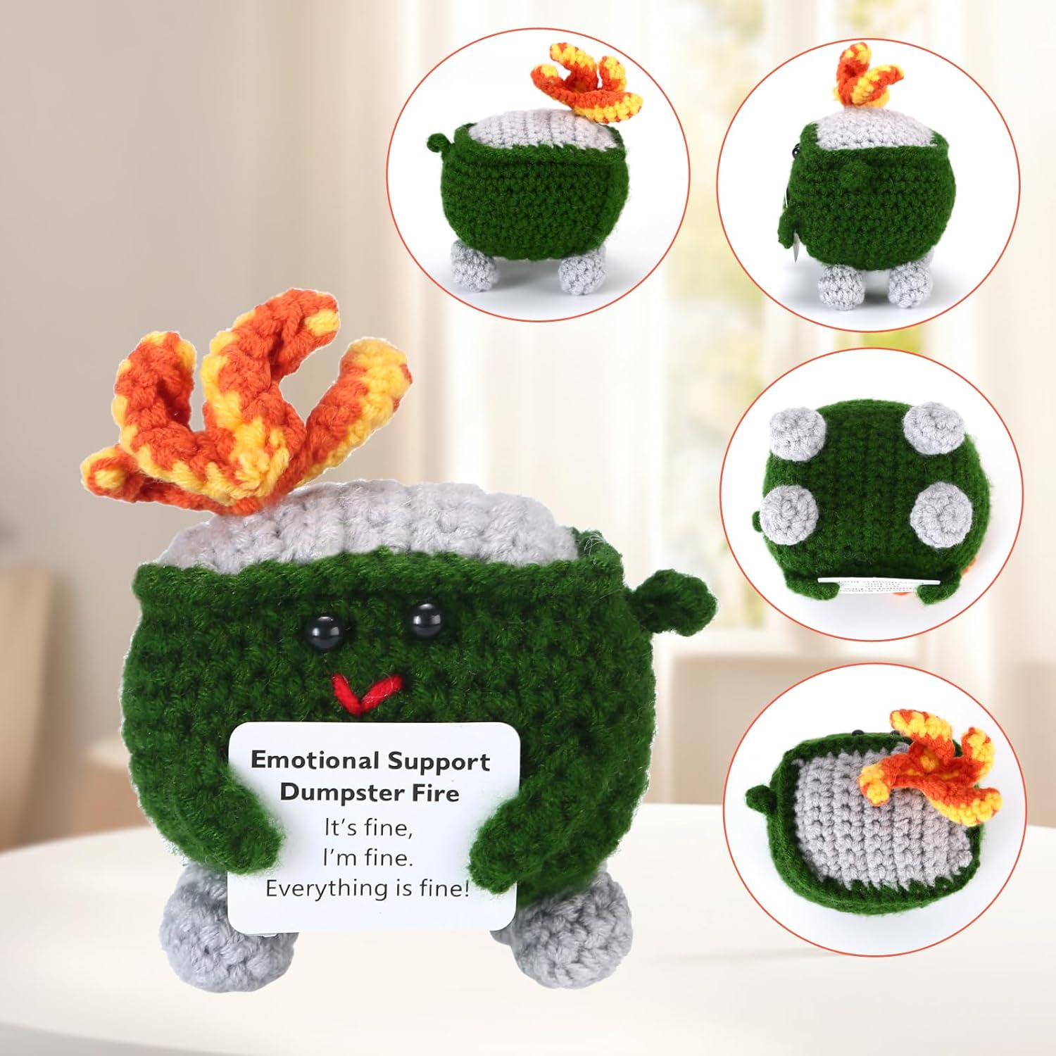 Emotional Support Crochet Dumpster Fire with Positive Card Cute Room Decor Knitted Toys Funny Crochet Support Buddies Gifts for Friends (Green&Blue&Red) - Image 3