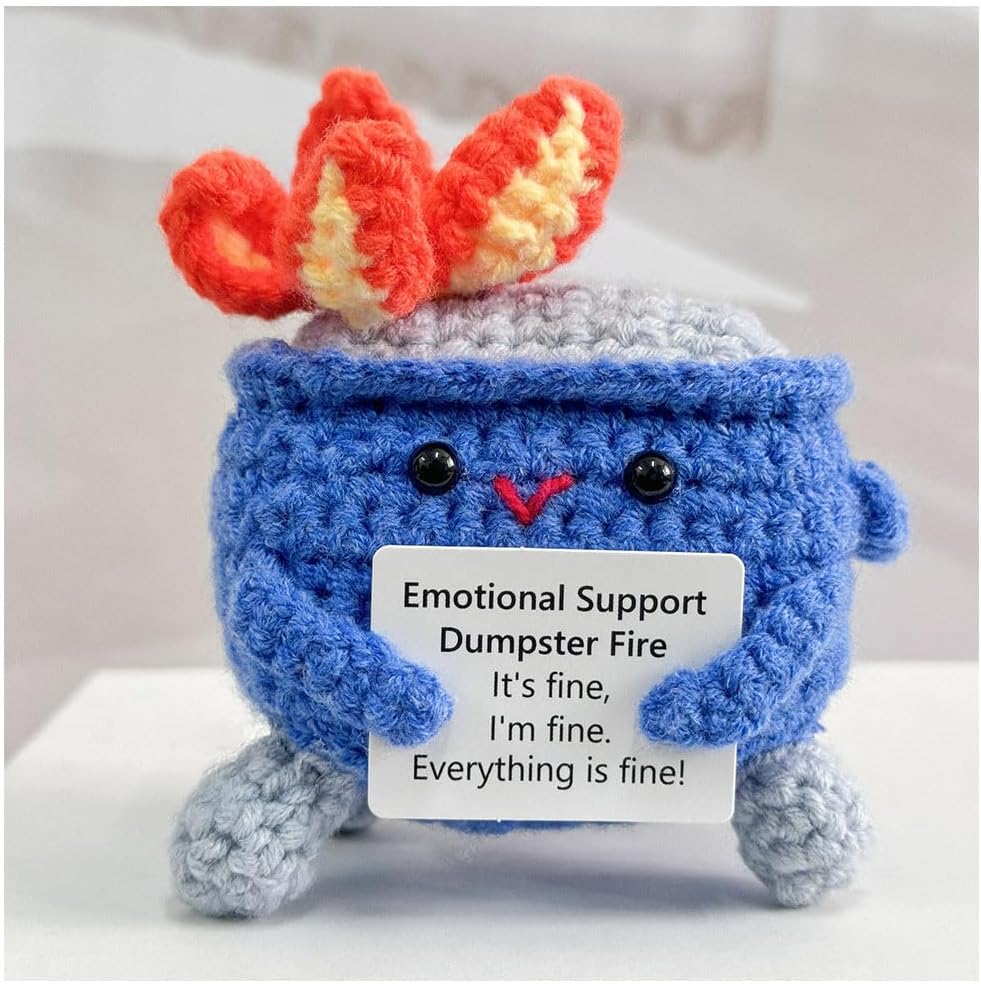 Emotional Support Crochet Dumpster Fire with Positive Card Cute Room Decor Knitted Toys Funny Crochet Support Buddies Gifts for Friends (Green&Blue&Red) - Image 18