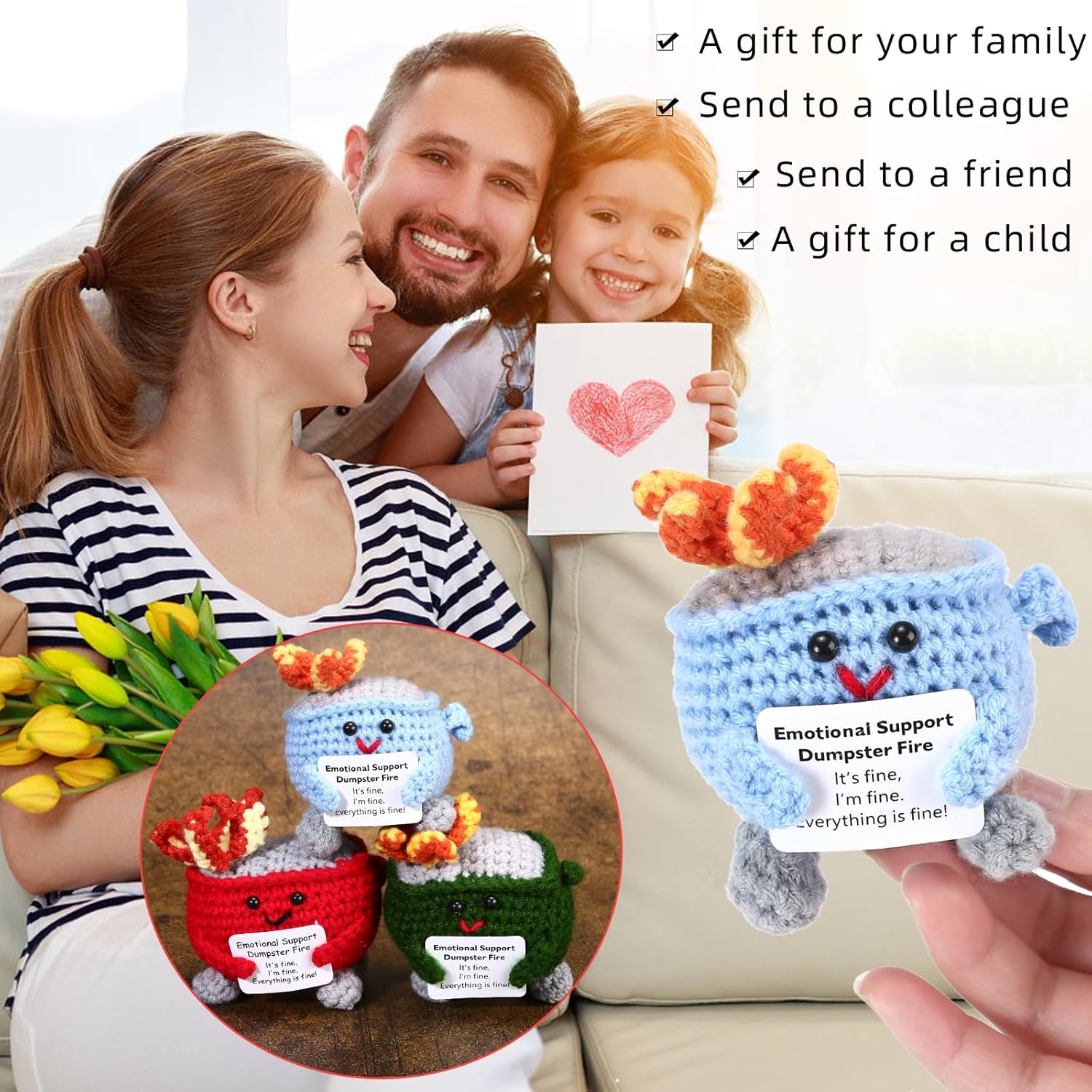Emotional Support Crochet Dumpster Fire with Positive Card Cute Room Decor Knitted Toys Funny Crochet Support Buddies Gifts for Friends (Green&Blue&Red) - Image 4