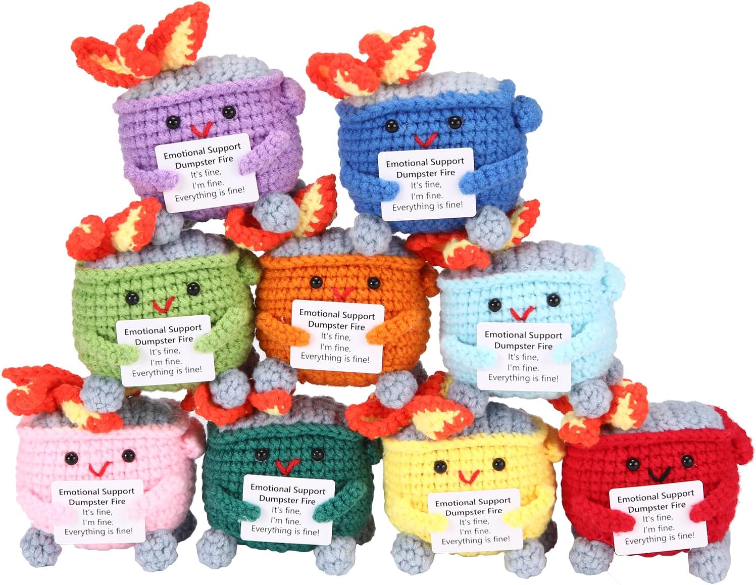 Emotional Support Crochet Dumpster Fire with Positive Card Cute Room Decor Knitted Toys Funny Crochet Support Buddies Gifts for Friends (Green&Blue&Red) - Image 15