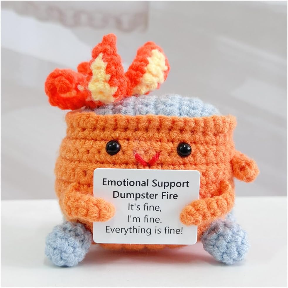 Emotional Support Crochet Dumpster Fire with Positive Card Cute Room Decor Knitted Toys Funny Crochet Support Buddies Gifts for Friends (Green&Blue&Red) - Image 17