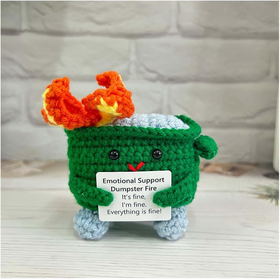 Emotional Support Crochet Dumpster Fire with Positive Card Cute Room Decor Knitted Toys Funny Crochet Support Buddies Gifts for Friends (Green&Blue&Red) - Image 19
