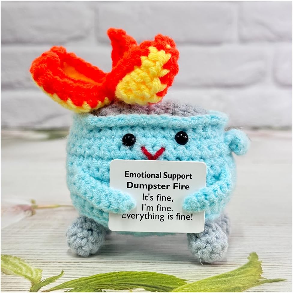 Emotional Support Crochet Dumpster Fire with Positive Card Cute Room Decor Knitted Toys Funny Crochet Support Buddies Gifts for Friends (Green&Blue&Red) - Image 9