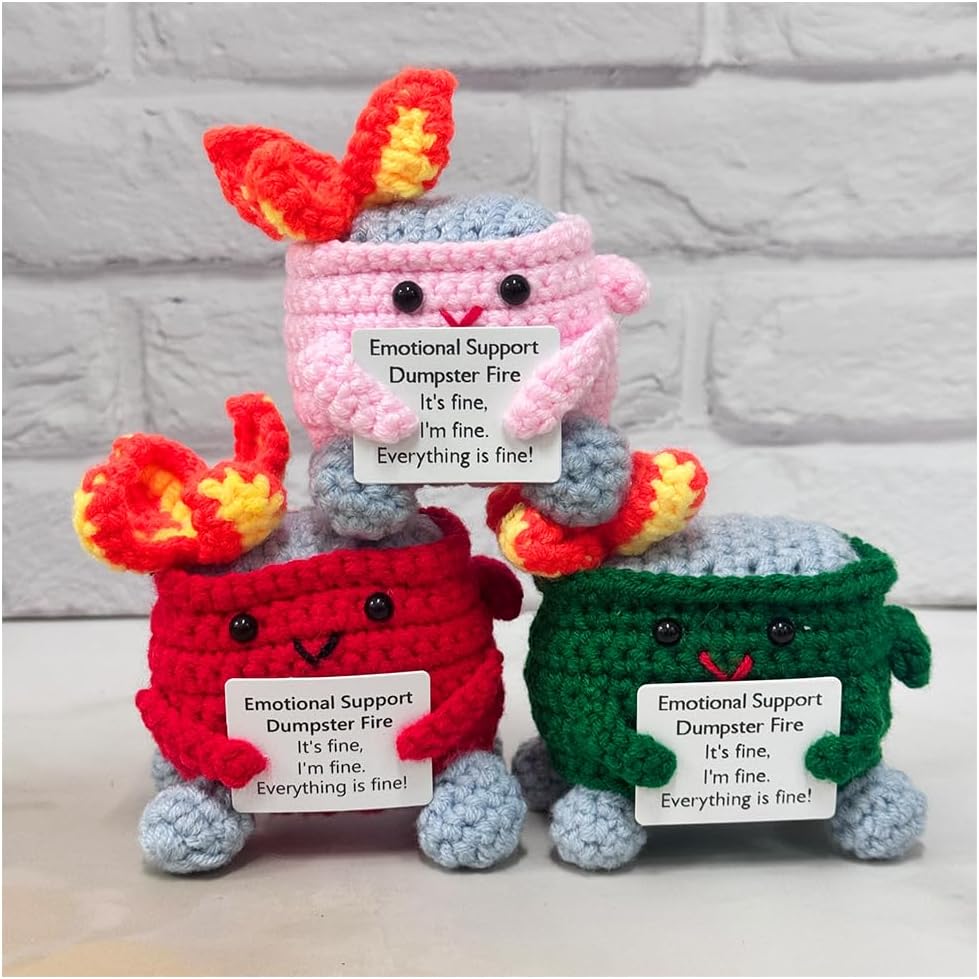 Emotional Support Crochet Dumpster Fire with Positive Card Cute Room Decor Knitted Toys Funny Crochet Support Buddies Gifts for Friends (Green&Blue&Red) - Image 12