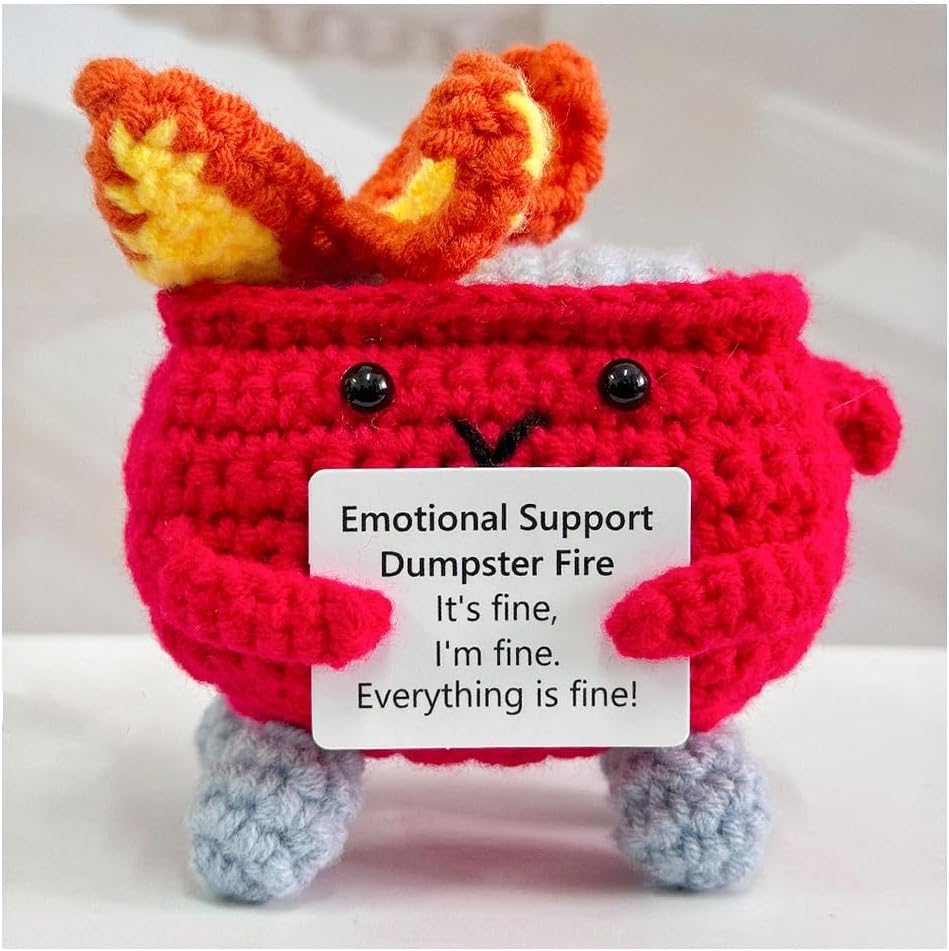 Emotional Support Crochet Dumpster Fire with Positive Card Cute Room Decor Knitted Toys Funny Crochet Support Buddies Gifts for Friends (Green&Blue&Red) - Image 10