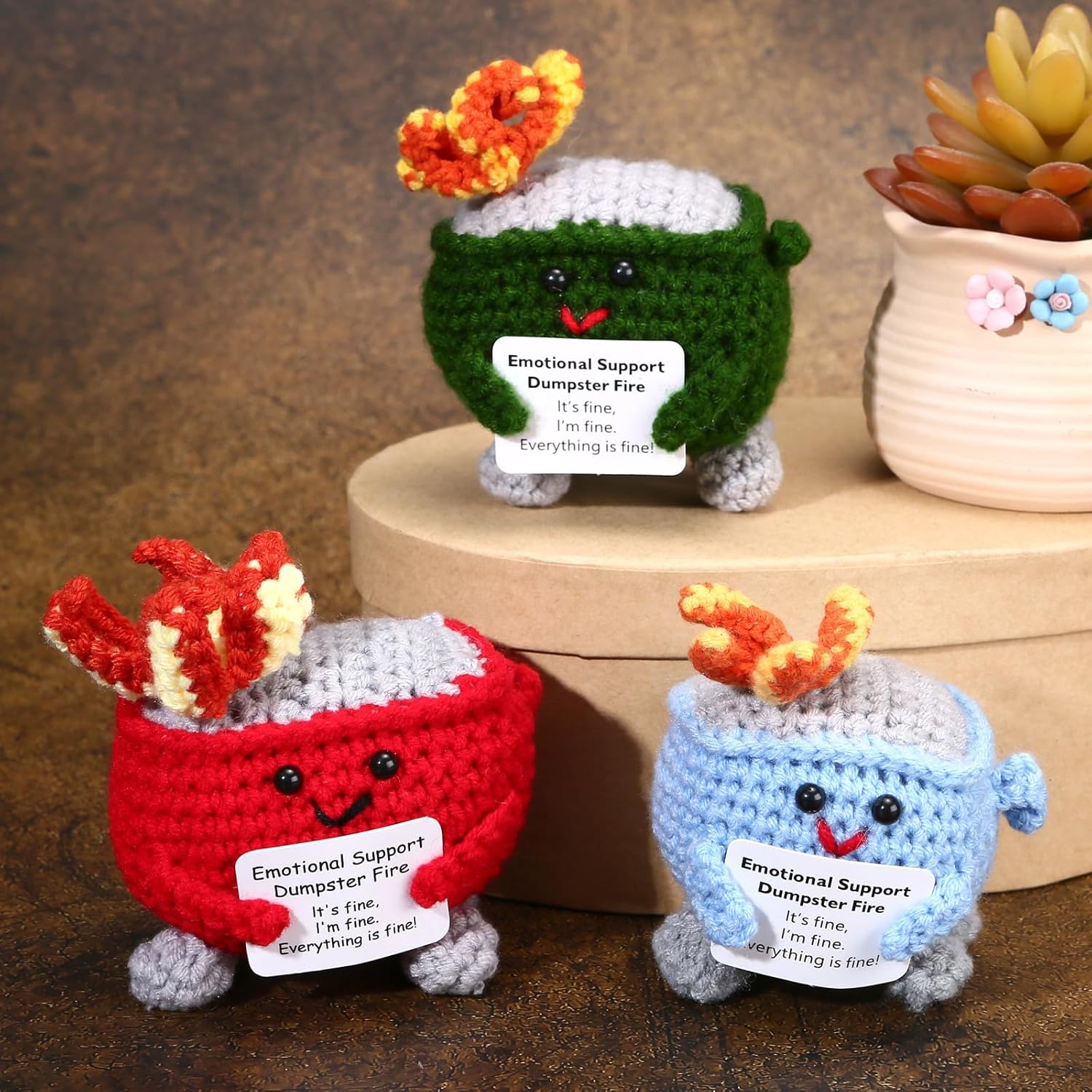 Emotional Support Crochet Dumpster Fire with Positive Card Cute Room Decor Knitted Toys Funny Crochet Support Buddies Gifts for Friends (Green&Blue&Red) - Image 5