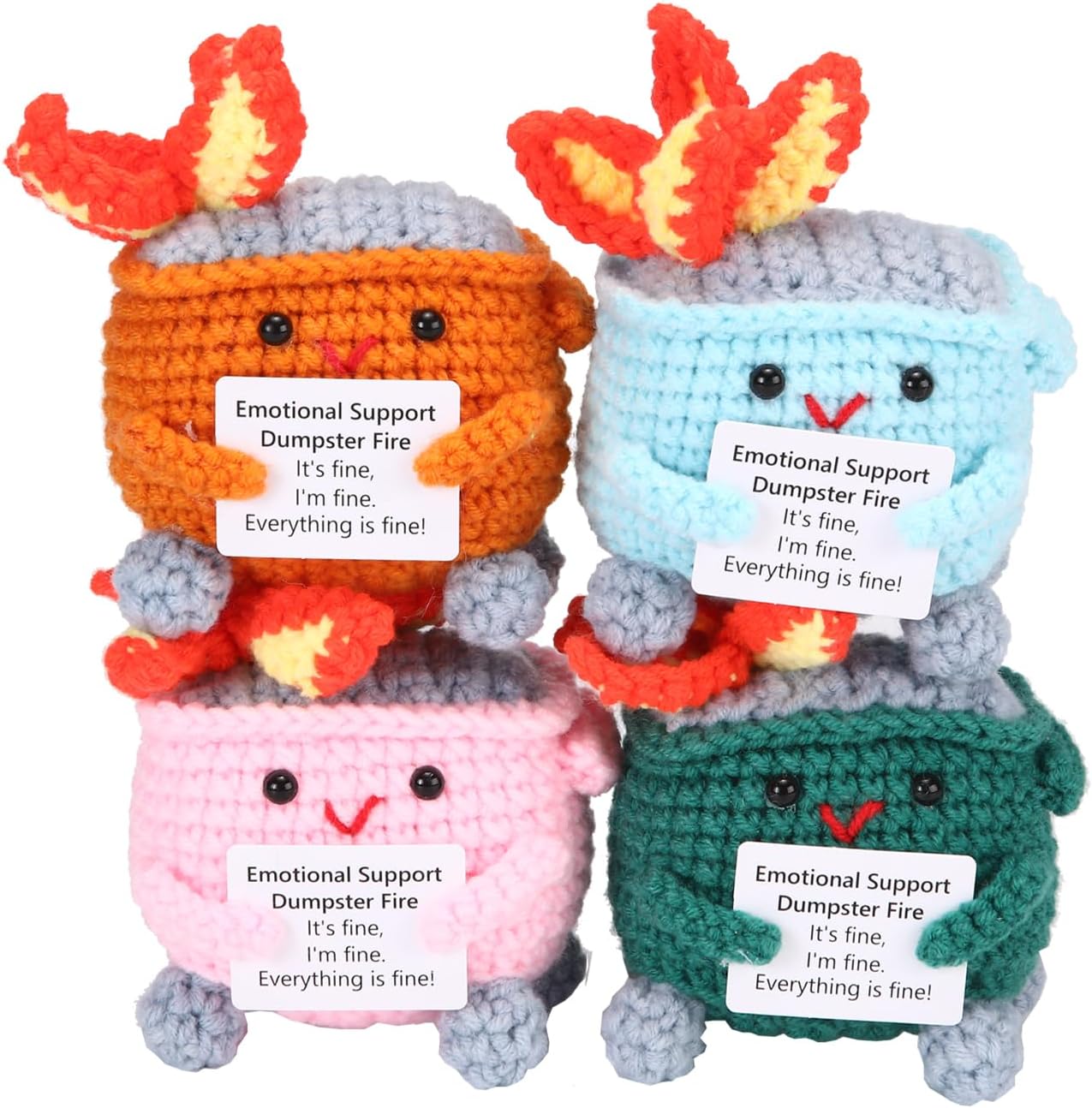 Emotional Support Crochet Dumpster Fire with Positive Card Cute Room Decor Knitted Toys Funny Crochet Support Buddies Gifts for Friends (Green&Blue&Red) - Image 11
