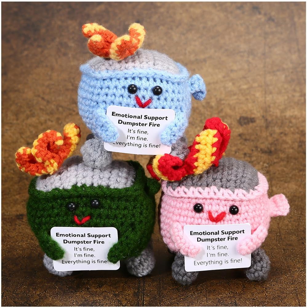 Emotional Support Crochet Dumpster Fire with Positive Card Cute Room Decor Knitted Toys Funny Crochet Support Buddies Gifts for Friends (Green&Blue&Red) - Image 6