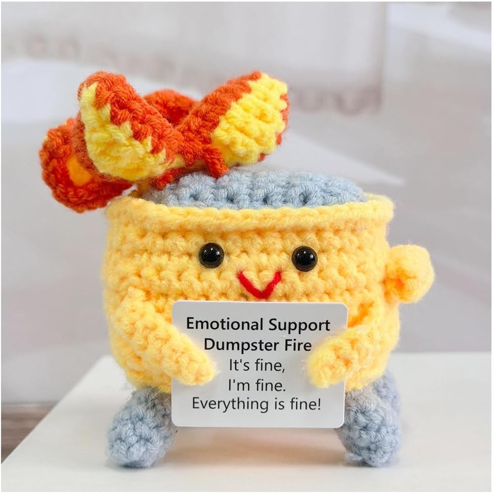 Emotional Support Crochet Dumpster Fire with Positive Card Cute Room Decor Knitted Toys Funny Crochet Support Buddies Gifts for Friends (Green&Blue&Red) - Image 14