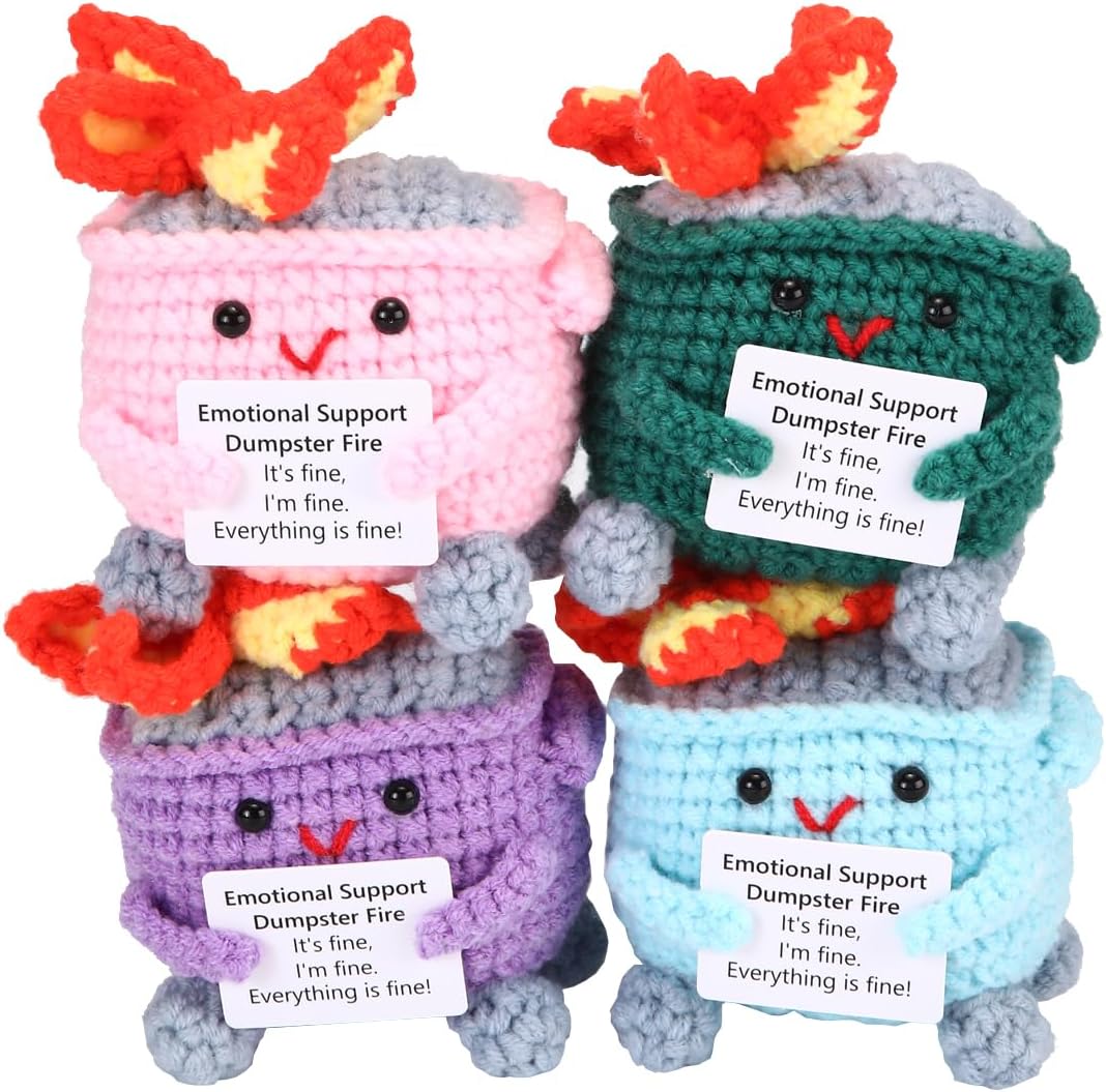 Emotional Support Crochet Dumpster Fire with Positive Card Cute Room Decor Knitted Toys Funny Crochet Support Buddies Gifts for Friends (Green&Blue&Red) - Image 8