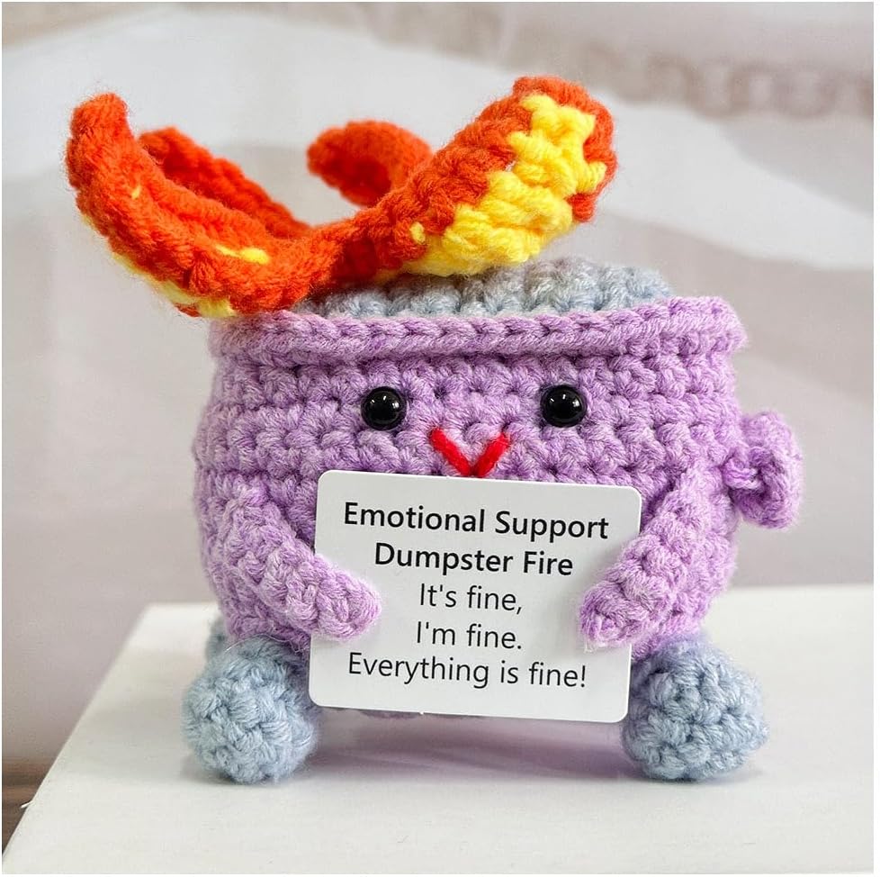 Emotional Support Crochet Dumpster Fire with Positive Card Cute Room Decor Knitted Toys Funny Crochet Support Buddies Gifts for Friends (Green&Blue&Red) - Image 7