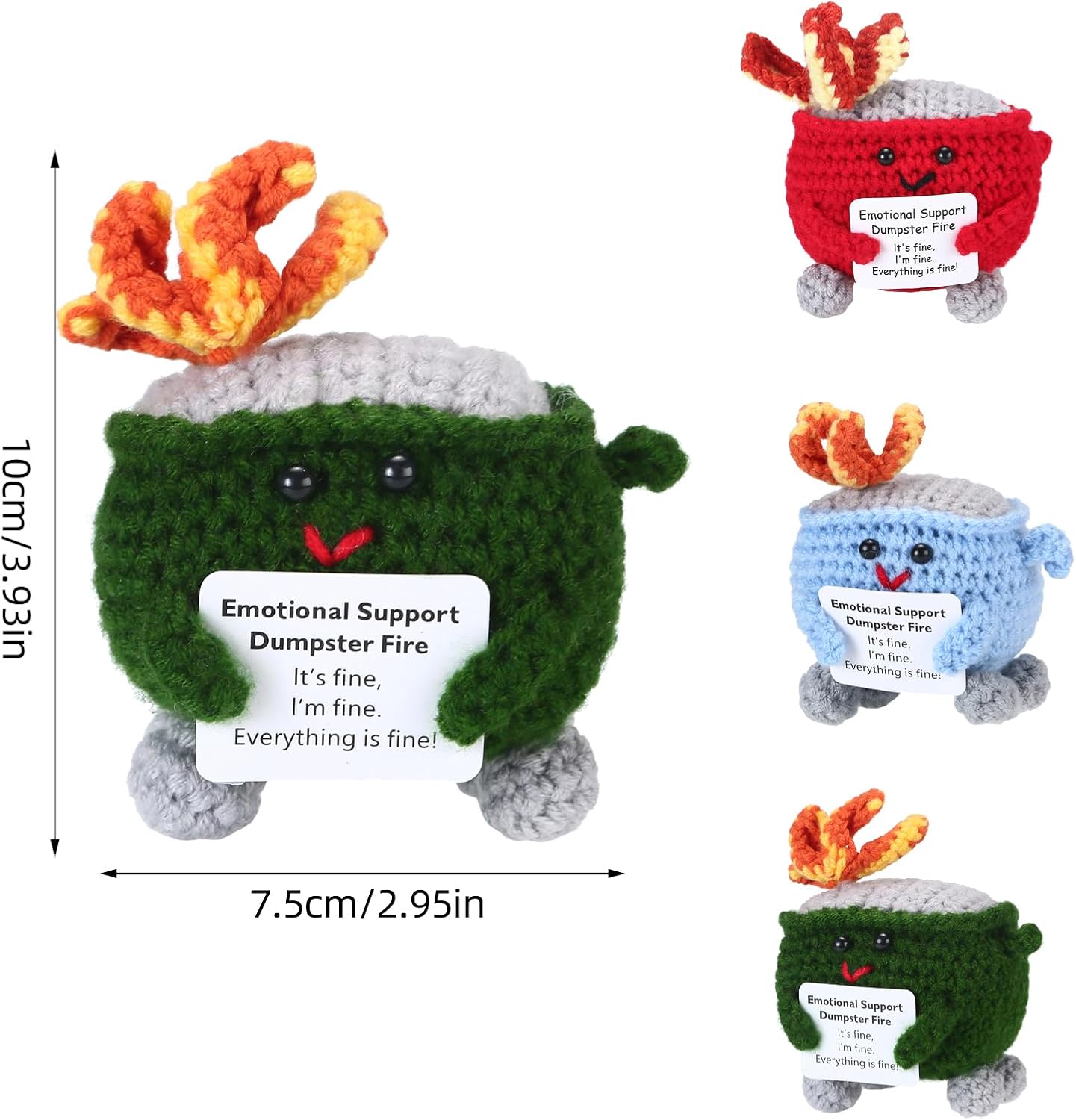 Emotional Support Crochet Dumpster Fire with Positive Card Cute Room Decor Knitted Toys Funny Crochet Support Buddies Gifts for Friends (Green&Blue&Red) - Image 2