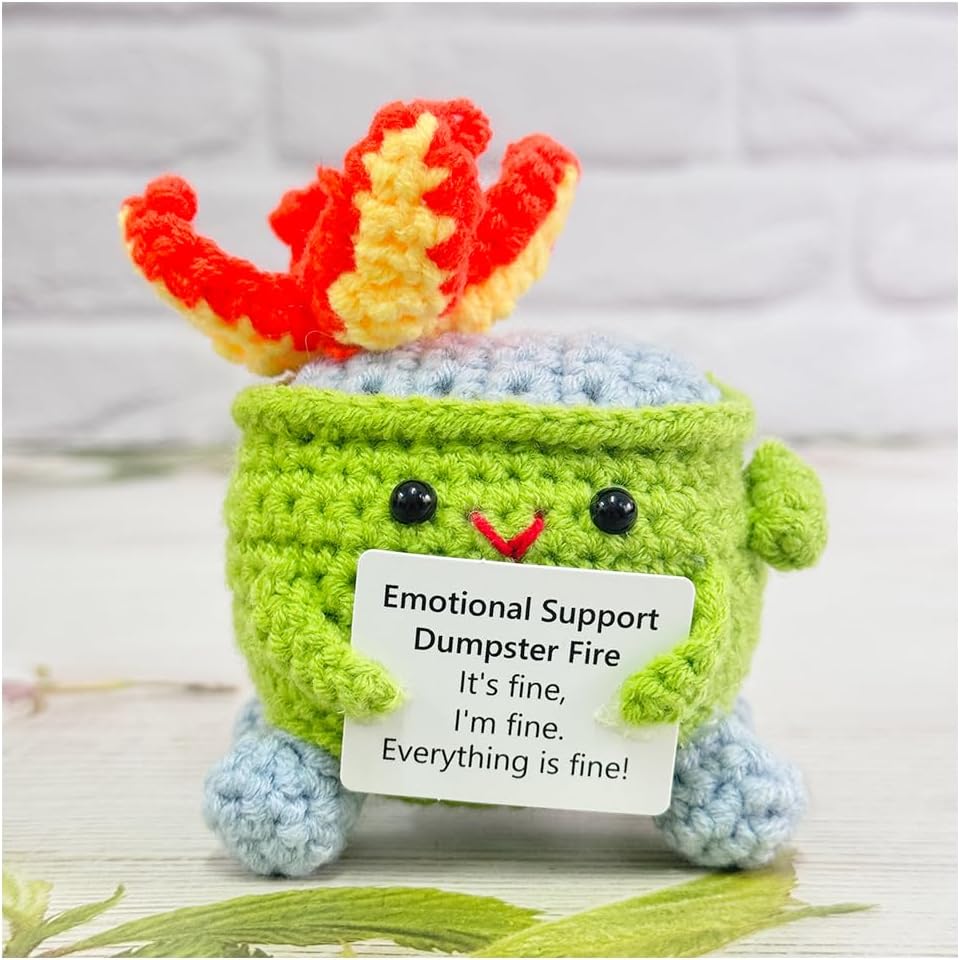 Emotional Support Crochet Dumpster Fire with Positive Card Cute Room Decor Knitted Toys Funny Crochet Support Buddies Gifts for Friends (Green&Blue&Red) - Image 16