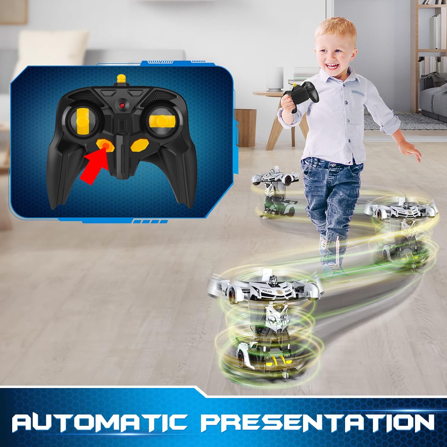 FDJ Remote Control Car - Transform Toys Car Robot, One Button Deformation to Robot with Flashing Light, 2.4Ghz 1:18 Scale Transforming Police Car Kids Toys with 360 Degree Rotating, Girls Boys Toys - Image 7