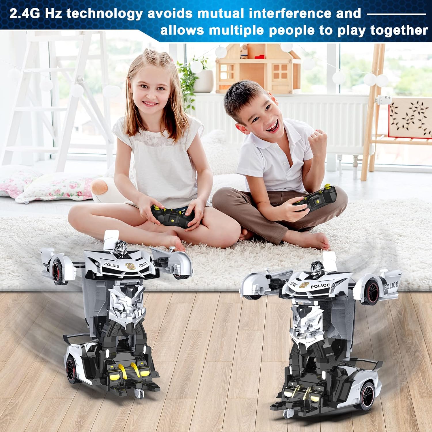 FDJ Remote Control Car - Transform Toys Car Robot, One Button Deformation to Robot with Flashing Light, 2.4Ghz 1:18 Scale Transforming Police Car Kids Toys with 360 Degree Rotating, Girls Boys Toys - Image 2