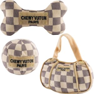 Haute Diggity Dog Medium Checker Chewy Vuiton Plush Dog Toys for Small, Medium & Large Dogs, 3-Pack Durable Stuffed Designer-Inspired Pet Toys with Interactive Squeaker, Machine-Washable & Safe