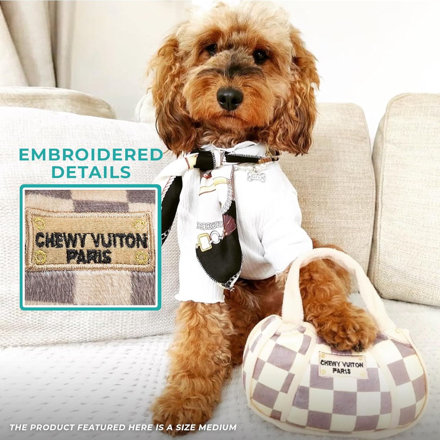 Haute Diggity Dog Medium Checker Chewy Vuiton Plush Dog Toys for Small, Medium & Large Dogs, 3-Pack Durable Stuffed Designer-Inspired Pet Toys with Interactive Squeaker, Machine-Washable & Safe - Image 8