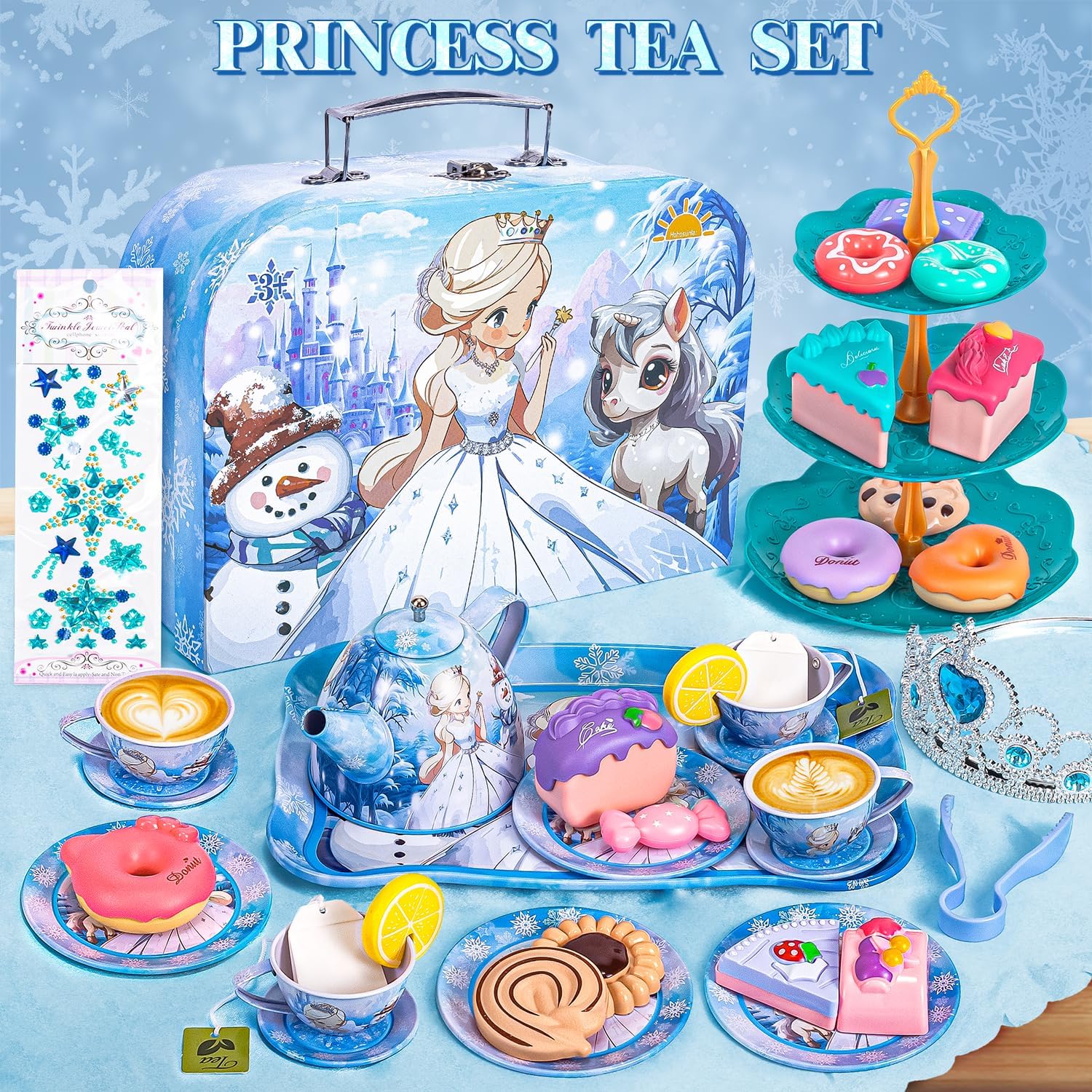 Hohosunlar Frozen Tea Party Set for Little Girls, Princess Gift Toy, Kids Pretend Play Tin Tea Set with Teapot, Tea Cups, Food Playset & Carrying Case, Birthday for Girls Age 3+ - Image 2