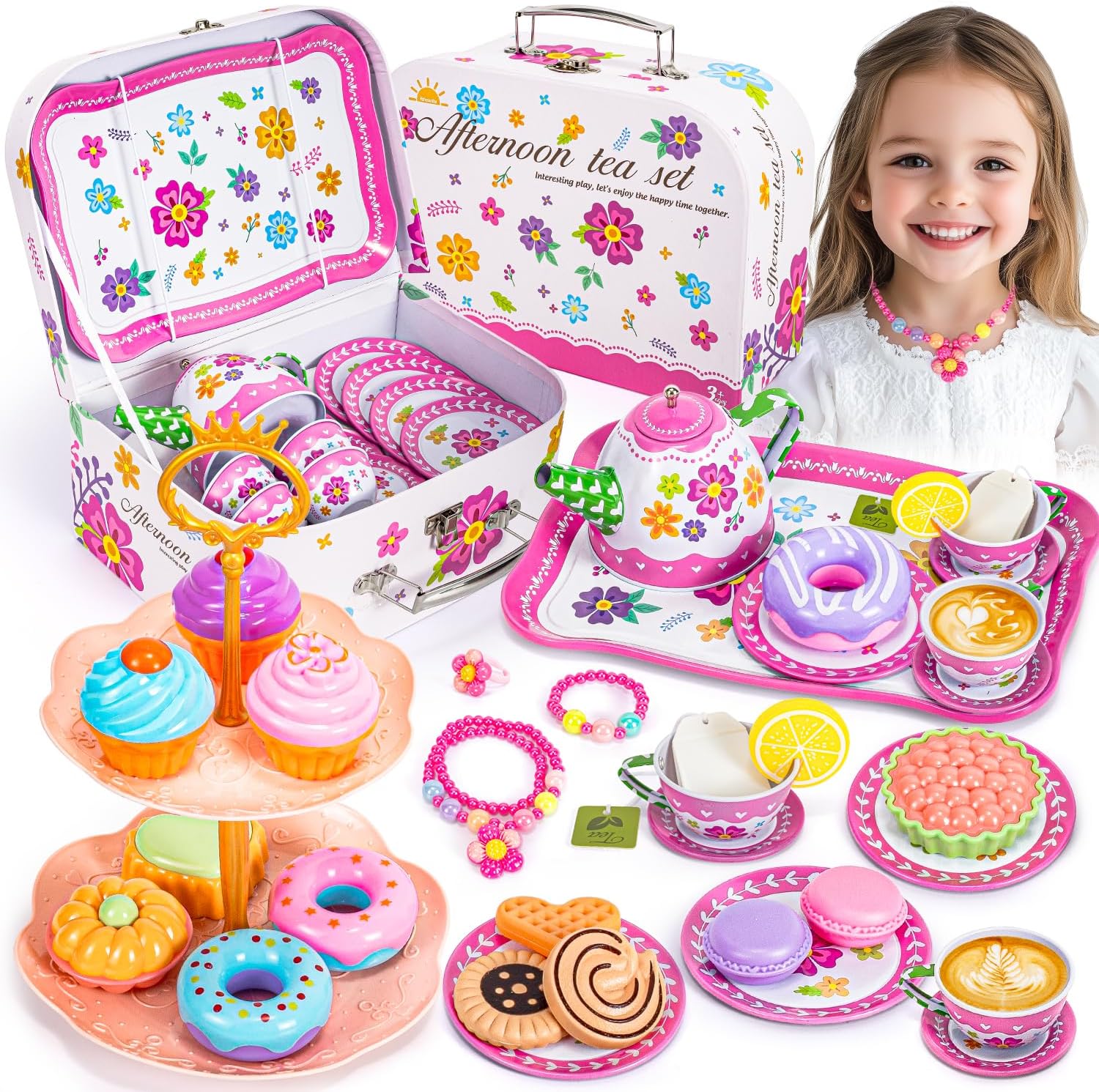 Hohosunlar Frozen Tea Party Set for Little Girls, Princess Gift Toy, Kids Pretend Play Tin Tea Set with Teapot, Tea Cups, Food Playset & Carrying Case, Birthday for Girls Age 3+ - Image 8