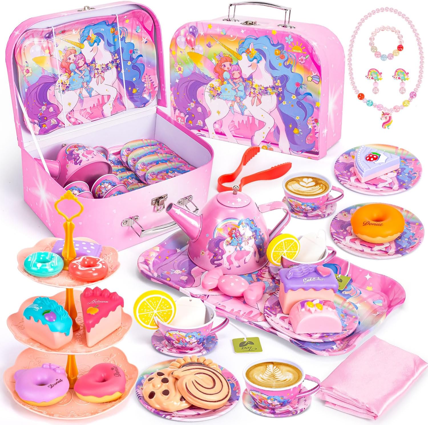 Hohosunlar Frozen Tea Party Set for Little Girls, Princess Gift Toy, Kids Pretend Play Tin Tea Set with Teapot, Tea Cups, Food Playset & Carrying Case, Birthday for Girls Age 3+ - Image 9