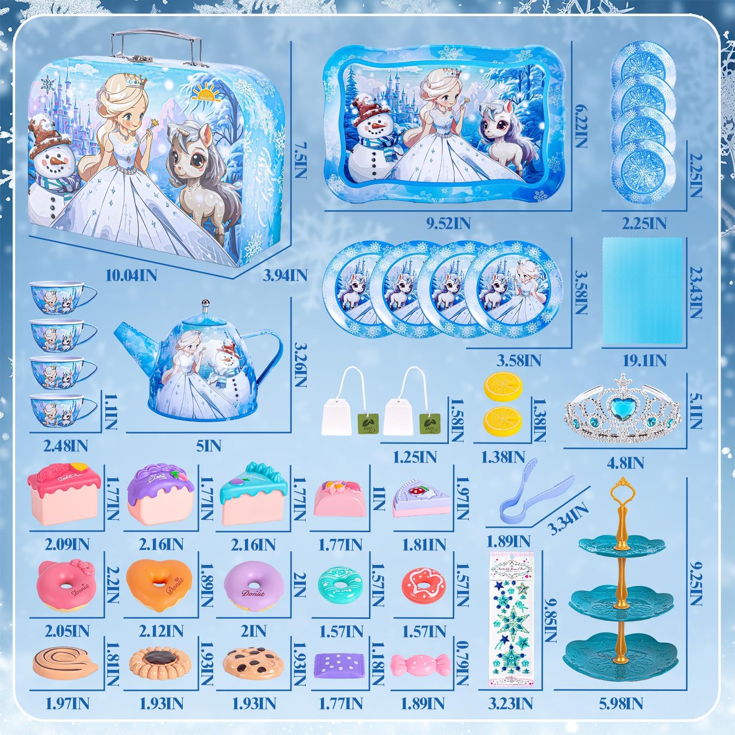 Hohosunlar Frozen Tea Party Set for Little Girls, Princess Gift Toy, Kids Pretend Play Tin Tea Set with Teapot, Tea Cups, Food Playset & Carrying Case, Birthday for Girls Age 3+ - Image 3