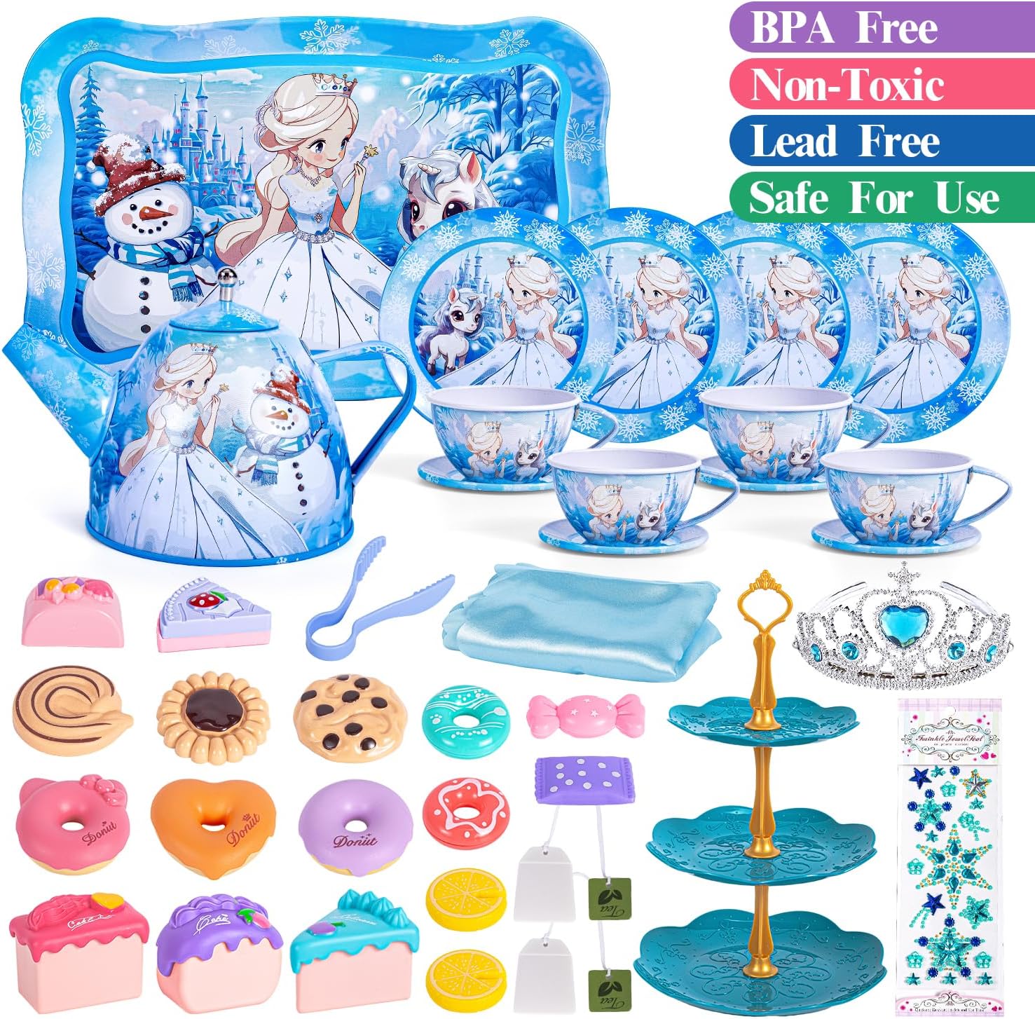 Hohosunlar Frozen Tea Party Set for Little Girls, Princess Gift Toy, Kids Pretend Play Tin Tea Set with Teapot, Tea Cups, Food Playset & Carrying Case, Birthday for Girls Age 3+ - Image 7