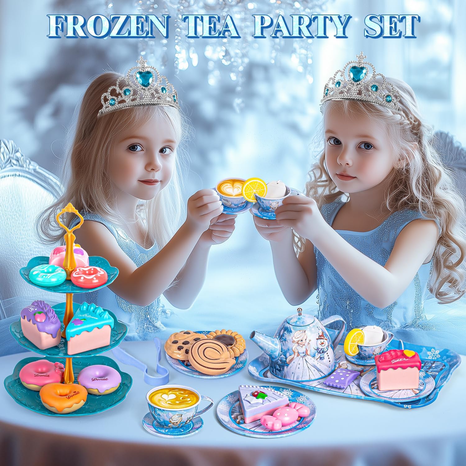 Hohosunlar Frozen Tea Party Set for Little Girls, Princess Gift Toy, Kids Pretend Play Tin Tea Set with Teapot, Tea Cups, Food Playset & Carrying Case, Birthday for Girls Age 3+ - Image 4