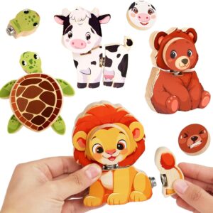 HUZU Animal Snap Wooden Building Blocks \u2013 Fun & Educational Puzzle Toy for Kids Aged 3-8, Features Cow, Bear, Lion and Turtle, Matching Game with Interchangeable Animal Faces & Emotions