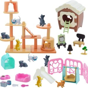 iselyn Pet Pretend Play Toys, 48Pcs Cat Figures Toys for Kids Realistic Detailed Cat Care Center with Accessories Toy Sets Educational Gifts for Kids Toddlers Girls Boys