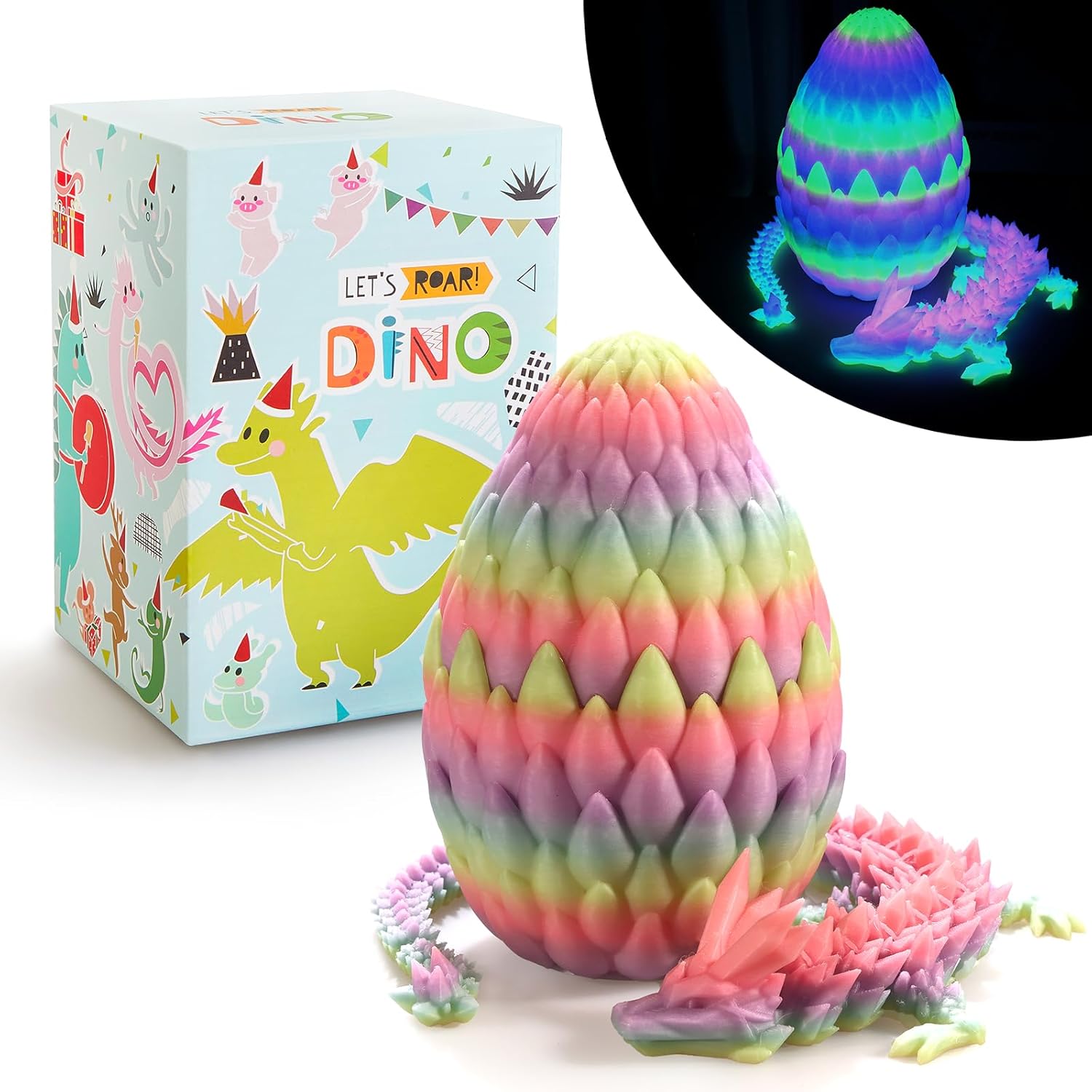LEWELLRY 15" 3D Printed Dragon Egg,Christmas Birthday Toys, Stocking Stuffers Gift, Articulated Crystal Cool Fidget Dragon for Girls Boys Kids Ages 3,4, 5, 6,7, 8,9,10,11,12 Years Old