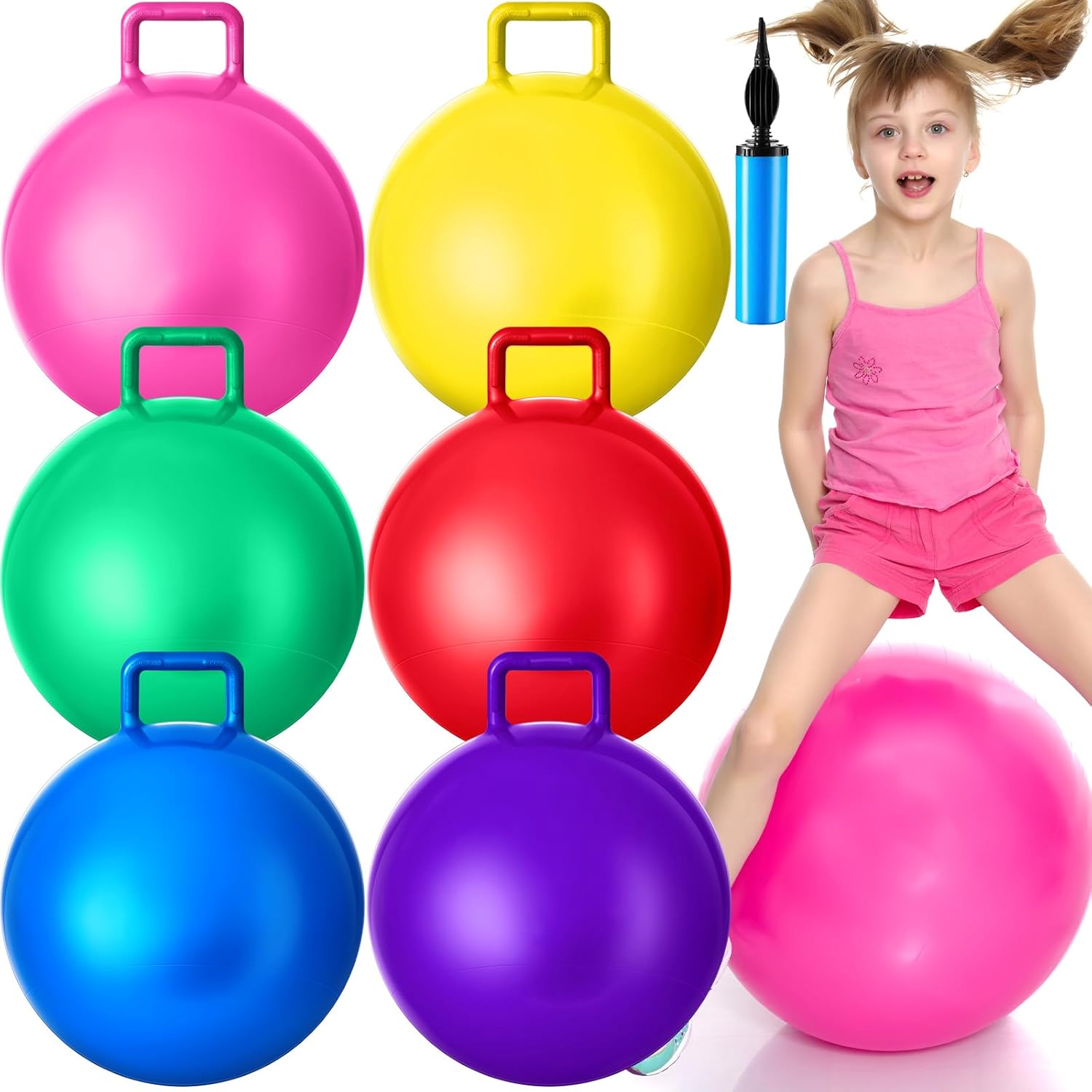 Lewtemi 6 Pcs Hopper Ball Carnival Outdoor Games 20 Inch Jumping Hopping Inflatable Bouncing Ball with Handle and Air Pump for Kids Sport Exercise (Red, Blue, Green, Pink, Yellow, Purple)