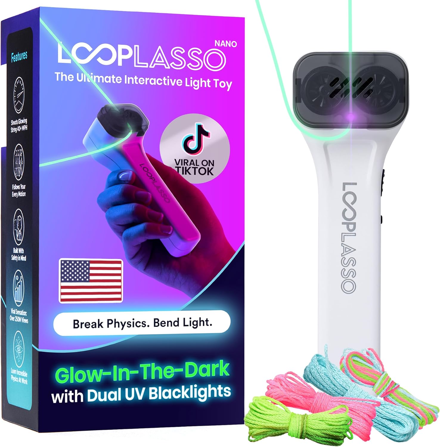 Loop Lasso NANO Glow in the Dark Rave Toys with Built-in UV Blacklight - Interactive Rope Launcher STEM Toy - Viral Flow and String Shooter Toy for Kids and Adults