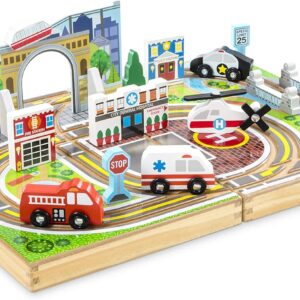 Melissa & Doug 18-Piece Wooden Take-Along Tabletop Town, 4 Rescue Vehicles, Play Pieces, Bridge