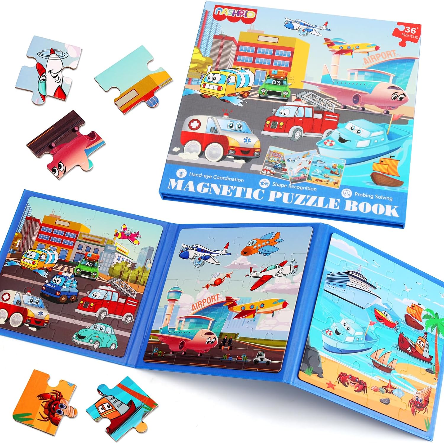 NASHRIO Magnetic Puzzles for Kids Ages 4-6, 20-Piece Toddler Travel Toys Transportation Puzzles Ages 3-5, Educational Learning Magnets, Ideal Road Trip Activities Toys for 3 4 5 6 Boys and Girls