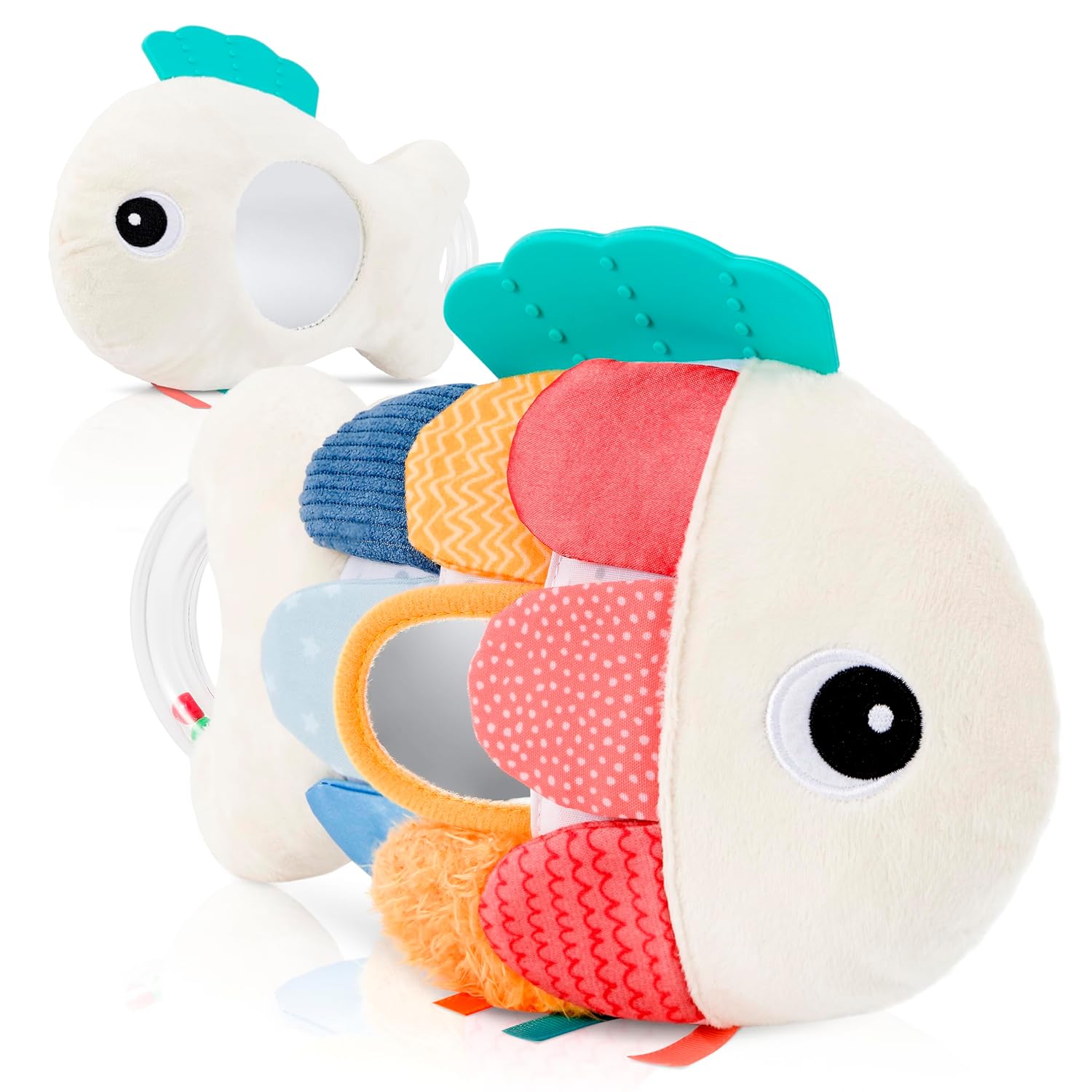 Soft Baby Sensory Toy with Tummy Time Mirror - Entertaining Fish Toy for Infants 0-6, 3-6, 6-12 Months with Rattle & Crinkle Paper - Perfect Montessori for Baby Showers & as Newborn/Infant Gift