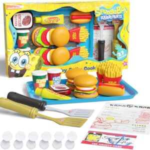 Spongebob Kids Kitchen Playset - Interactive Play Food with 2 Krabby Patty Burgers, Seafoam Shake, Kelp Fries, Spongebob Toys Kitchen Set for Kids Ages 3-5 Includes Velcro Dots