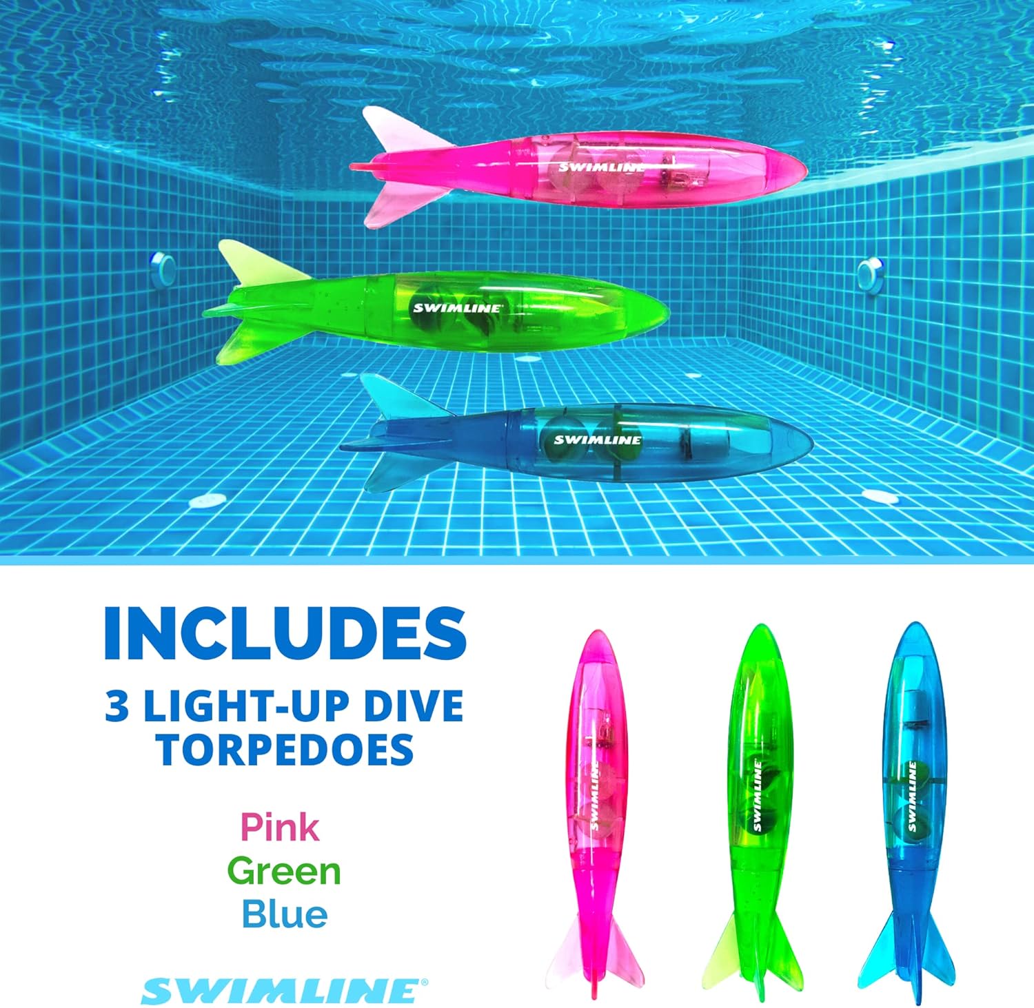 Swimline Original 3-Pack Diving Toys LED Light-Up Glowing Fun Torpedo Turbos Catch The Fish Retrieval Game for Swimming Pool & Bath Tub for Kids Multi Color Flashing Underwater Dive Practice Learn - Image 6