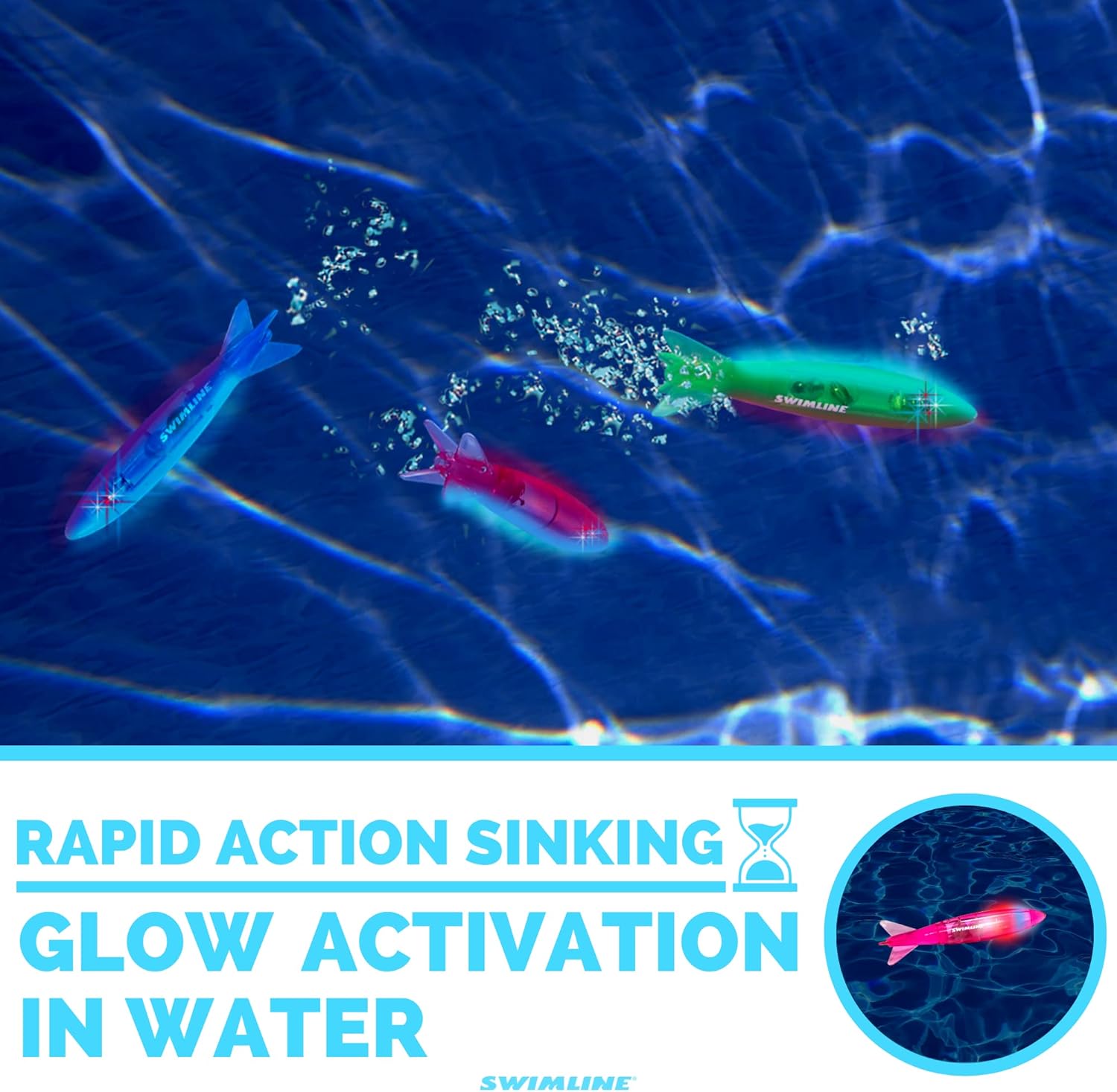 Swimline Original 3-Pack Diving Toys LED Light-Up Glowing Fun Torpedo Turbos Catch The Fish Retrieval Game for Swimming Pool & Bath Tub for Kids Multi Color Flashing Underwater Dive Practice Learn - Image 3