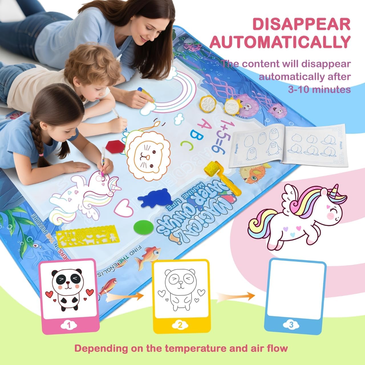 Water Doodle Mat Kids Painting Writing Color Doodle Drawing Mat Toy Bring Magic Pens Educational Toys for Age 3 4 5 6 7+ Year Old Birthday Gifts for Kids Toddler Boys Girls(Blue) - Image 3