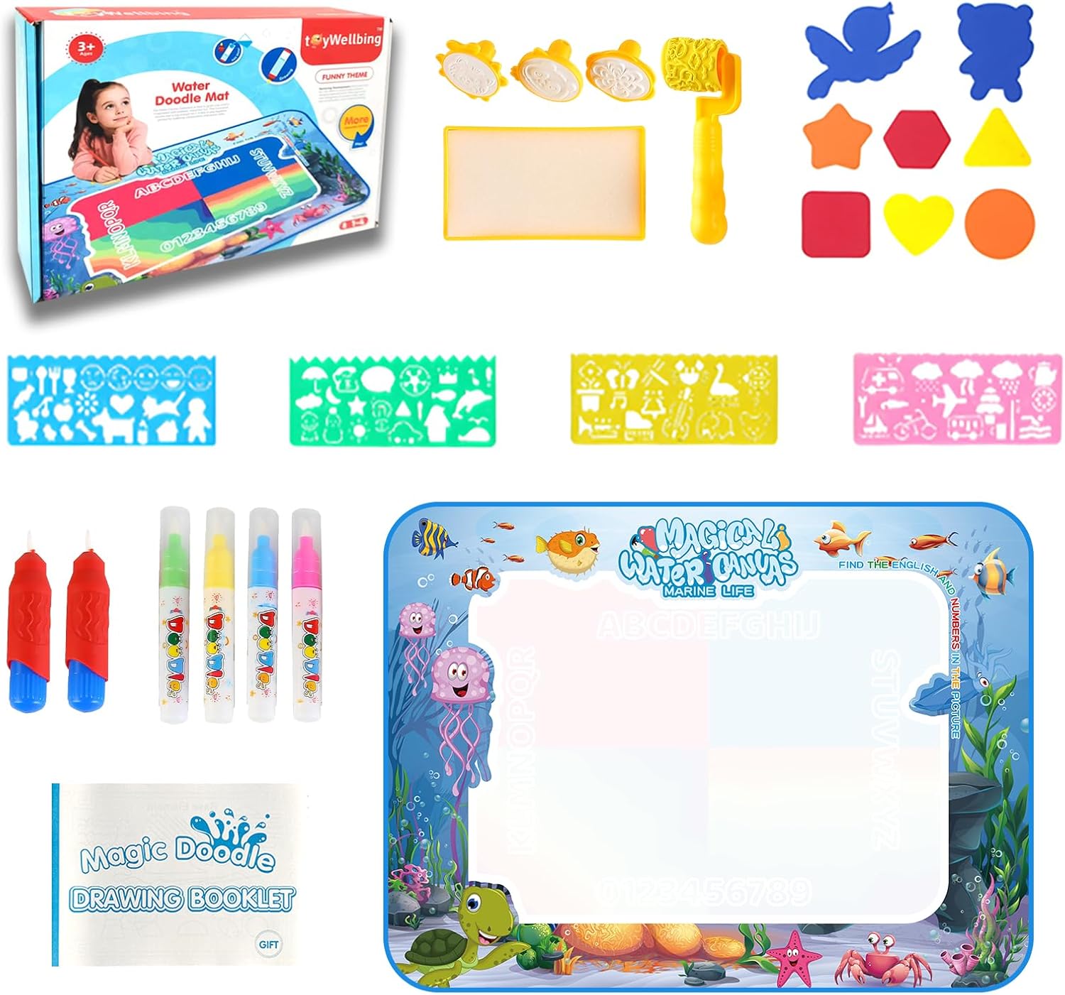 Water Doodle Mat Kids Painting Writing Color Doodle Drawing Mat Toy Bring Magic Pens Educational Toys for Age 3 4 5 6 7+ Year Old Birthday Gifts for Kids Toddler Boys Girls(Blue)