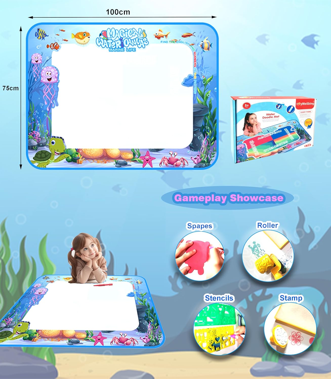 Water Doodle Mat Kids Painting Writing Color Doodle Drawing Mat Toy Bring Magic Pens Educational Toys for Age 3 4 5 6 7+ Year Old Birthday Gifts for Kids Toddler Boys Girls(Blue) - Image 2