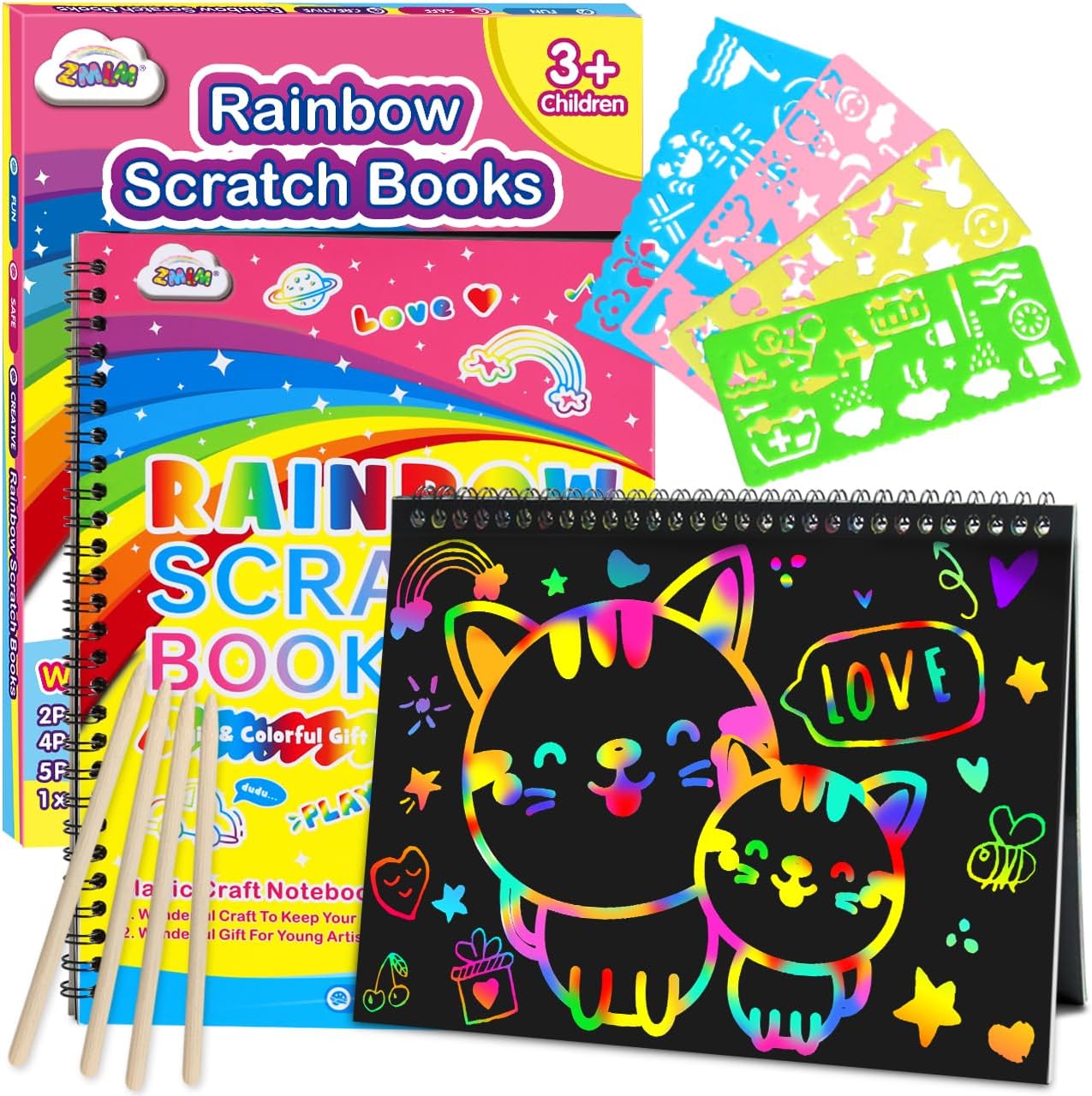 ZMLM Scratch Paper Art-Crafts Gift: 2 Pack Rainbow Notebooks Supplies Toys Easter Basket Stuffers for 3 4 5 6 7 8 9 10 Years Old Girls and Boys Kids Birthday Party Games (Pink) - Image 7