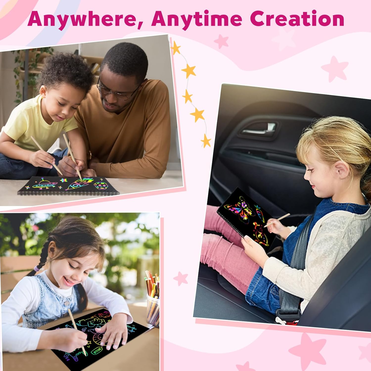 ZMLM Scratch Paper Art-Crafts Gift: 2 Pack Rainbow Notebooks Supplies Toys Easter Basket Stuffers for 3 4 5 6 7 8 9 10 Years Old Girls and Boys Kids Birthday Party Games (Pink) - Image 3